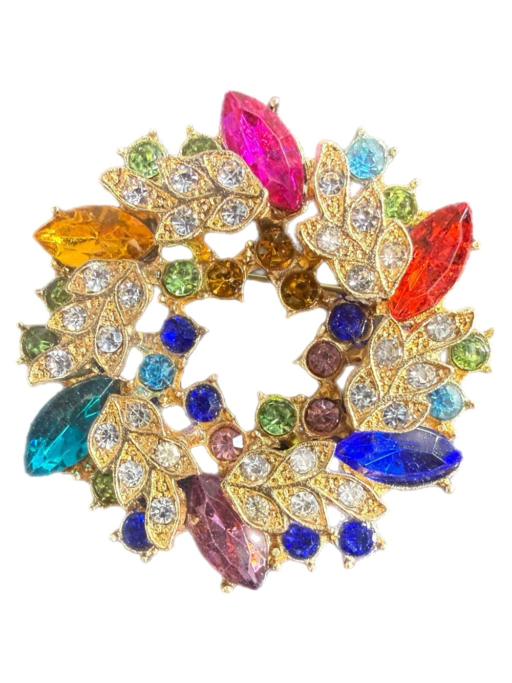 Gold‑Tone‎ Gemstone Wreath Brooch - Multicolor Rhinestones - 2” Statement Brooch